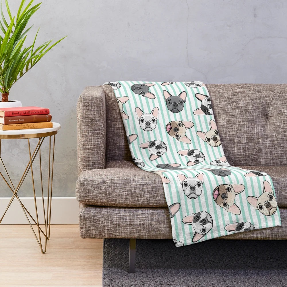 Soft and cozy aqua striped plush blanket featuring cute French bulldog faces