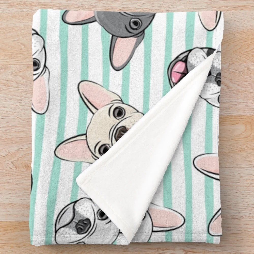 Soft and cozy aqua striped plush blanket featuring cute French bulldog faces