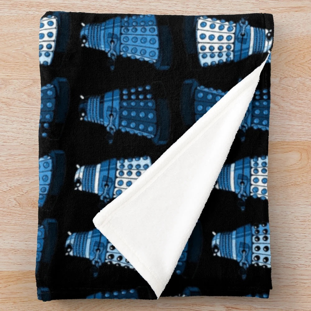 Blue plush blanket with Doctor Who inspired design