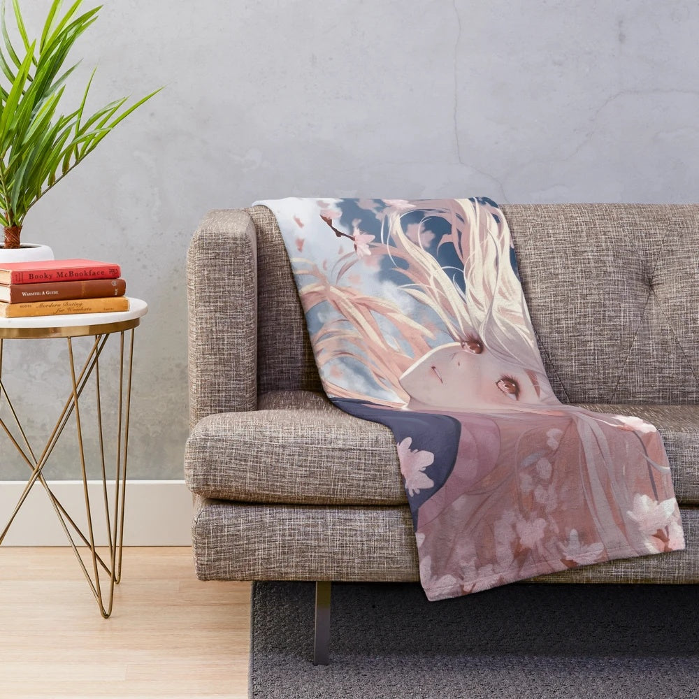 Cherry blossom inspired plush blanket with a floral and kawaii design