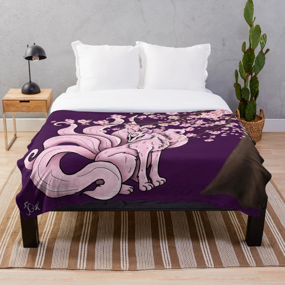 Cherry blossom plush blanket with anime-style nine-tailed fox design