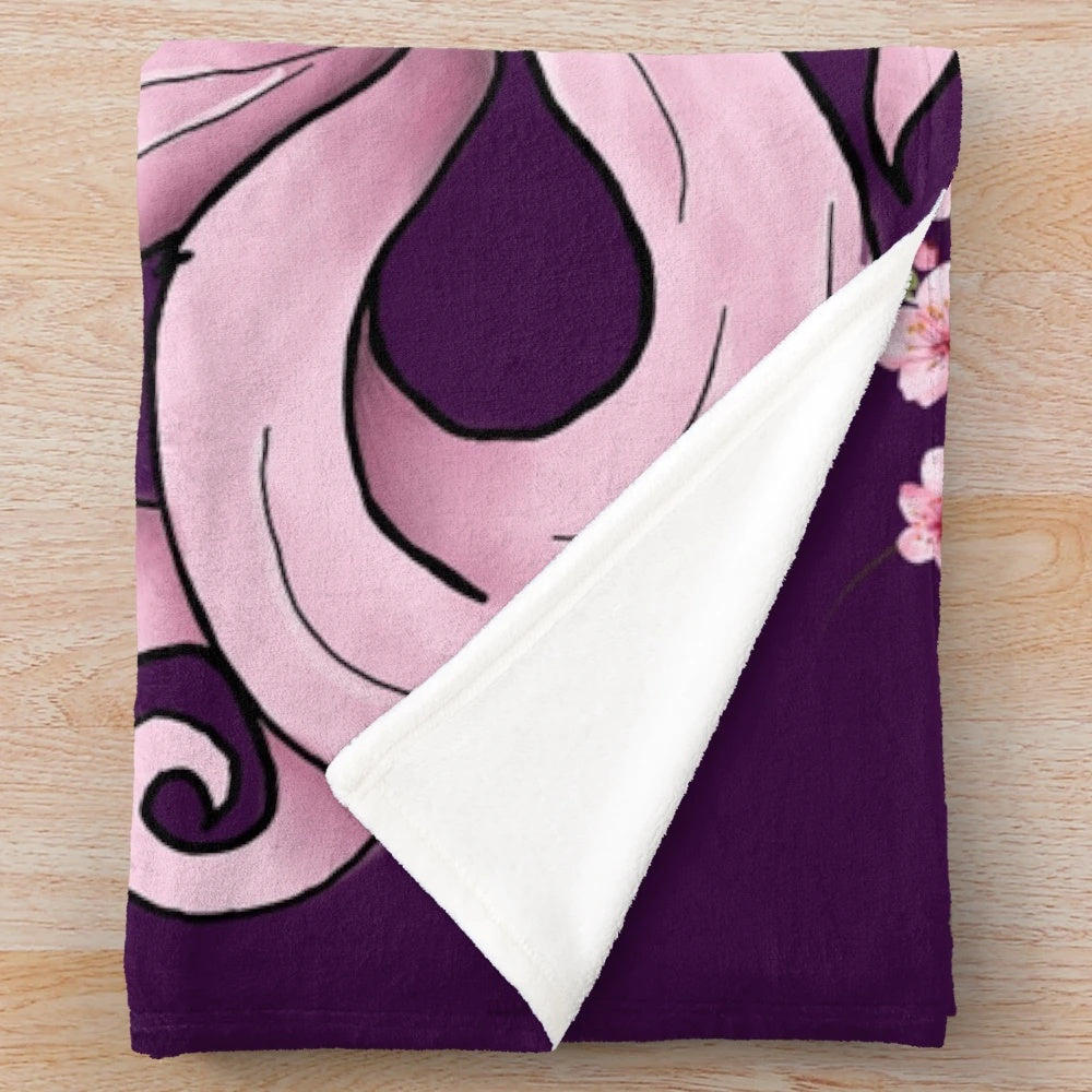 Cherry blossom plush blanket with anime-style nine-tailed fox design