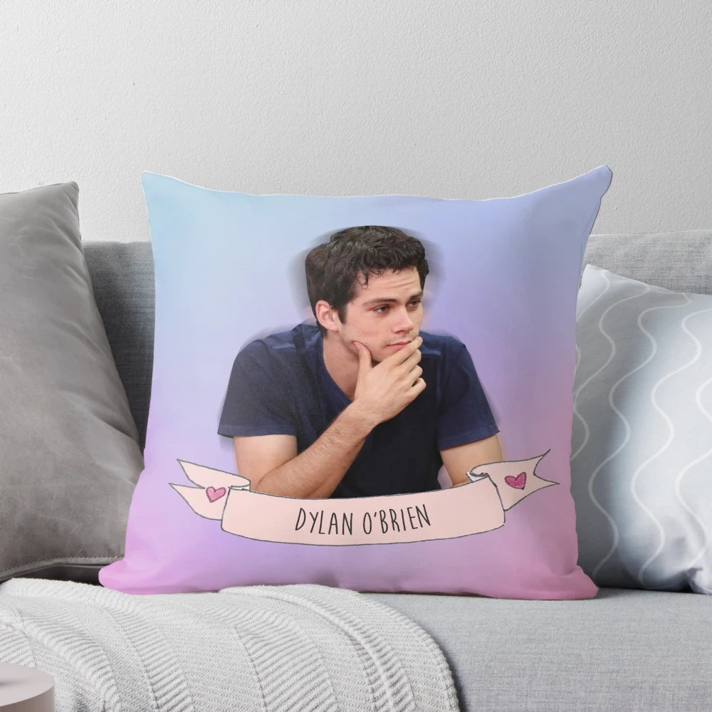 Soft and plush pillow featuring a watercolor portrait of actor Dylan O'Brien as Stiles Stilinski from the TV series "Teen Wolf"