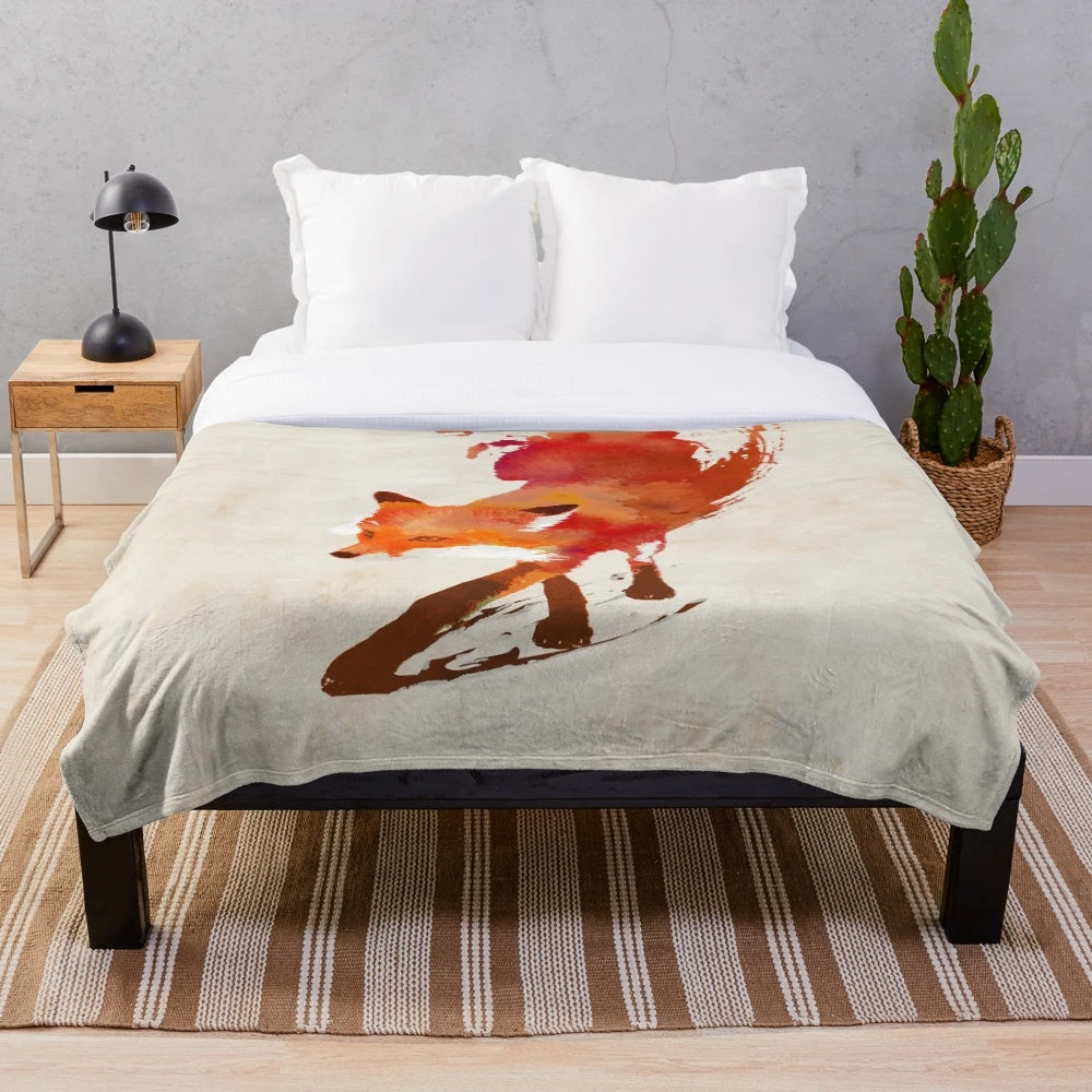 Soft and plush fox-themed blanket featuring a watercolor-style wildlife design