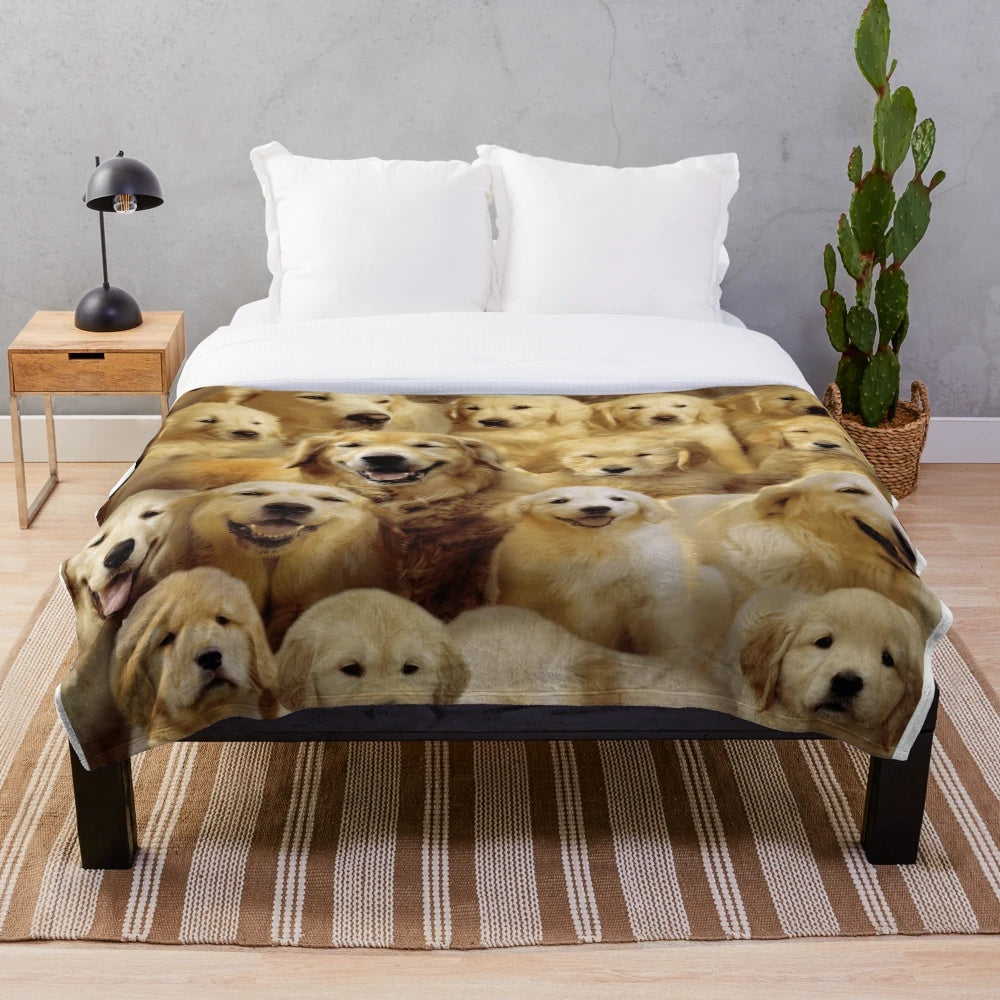 Fluffy golden retriever dog curled up on a soft plush blanket
