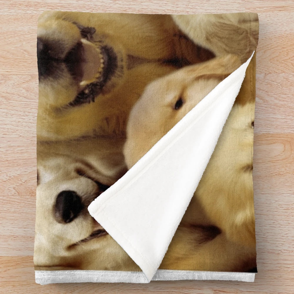 Fluffy golden retriever dog curled up on a soft plush blanket