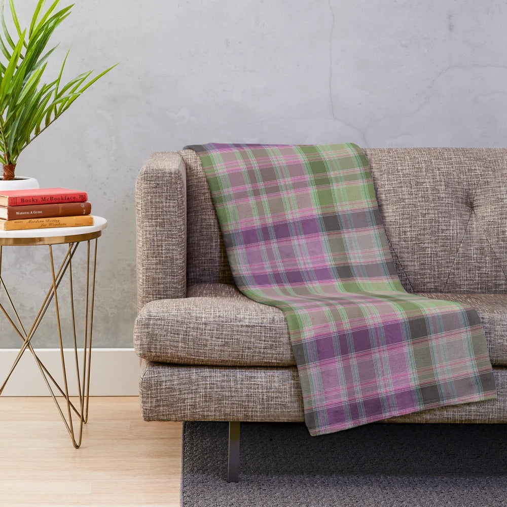 Green and lilac tartan plaid plush blanket
