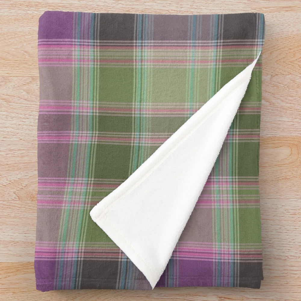 Green and lilac tartan plaid plush blanket
