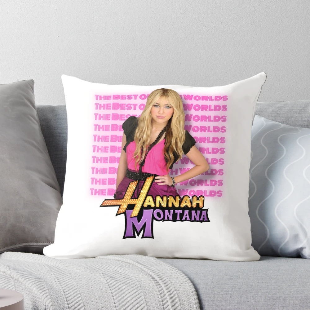 A plush, colorful Hannah Montana-themed pillow for a child's bedroom.
