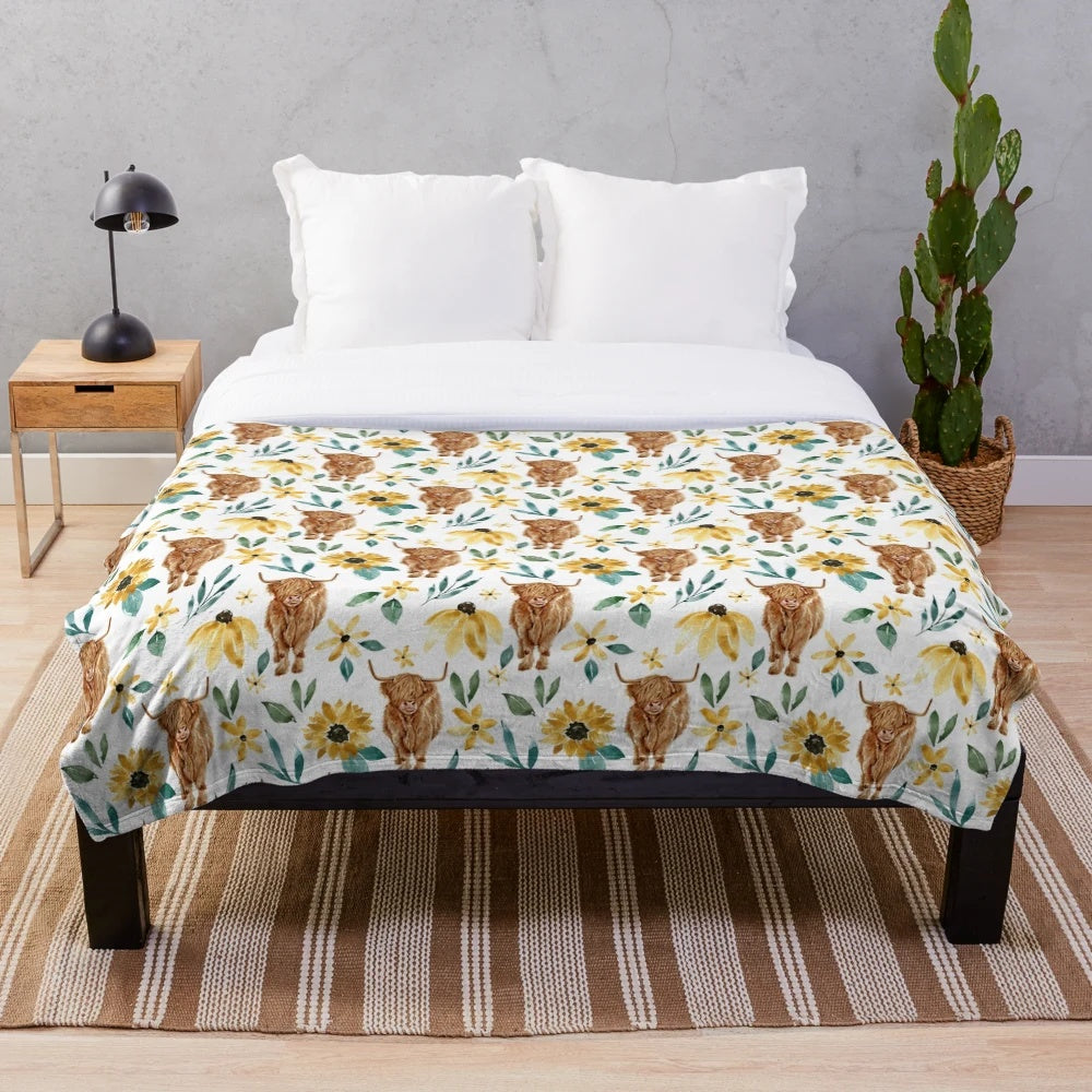 Soft and cozy highland cow with sunflowers plush blanket