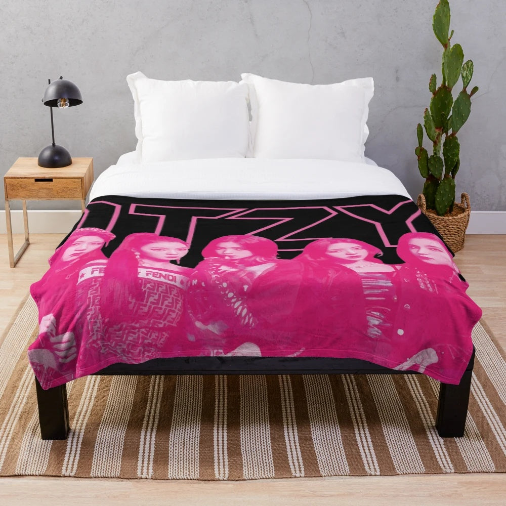 ITZY-inspired metal plush blanket in pink and black colors