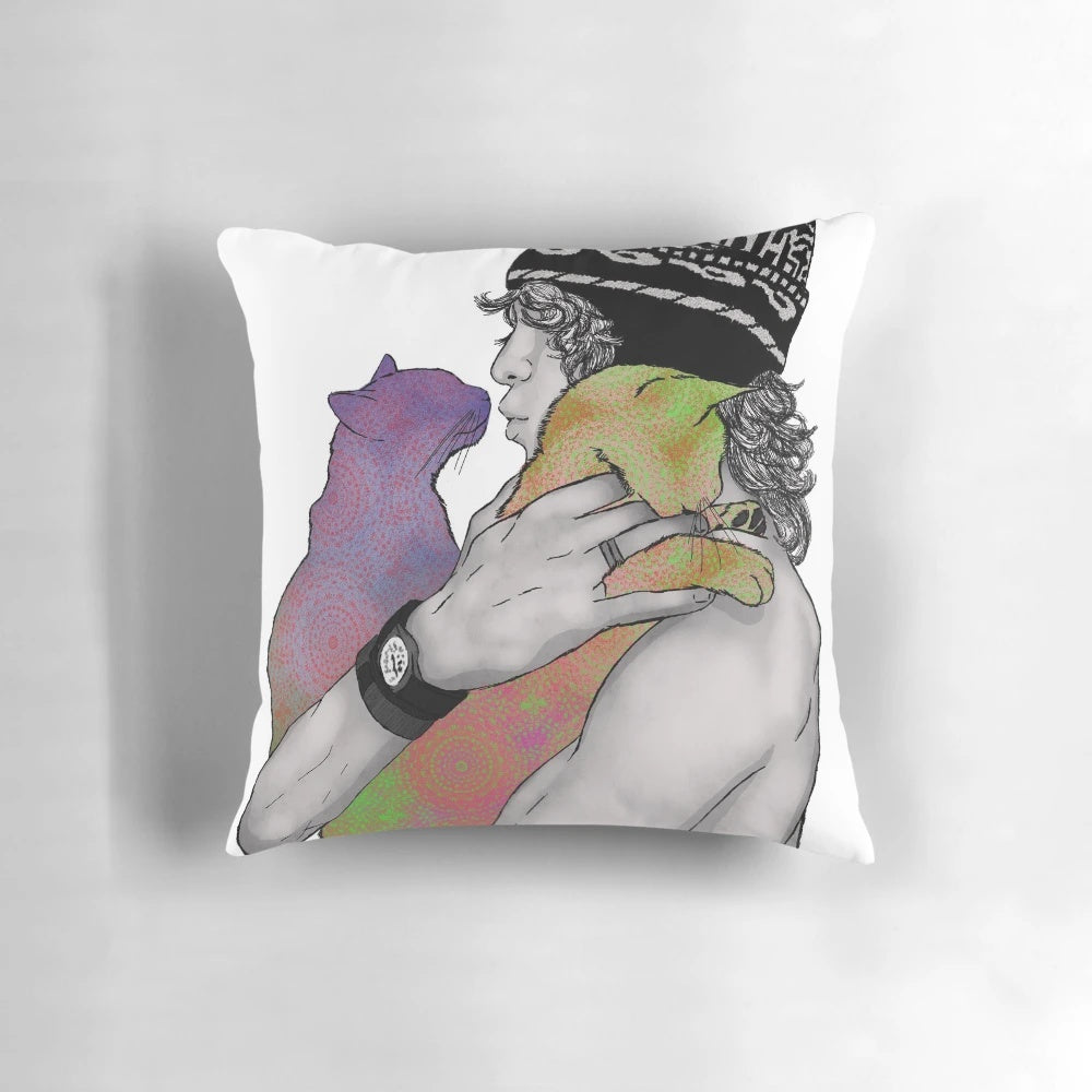 Soft and plush pillow featuring a cute kitten design, perfect for indie music fans and cat lovers.