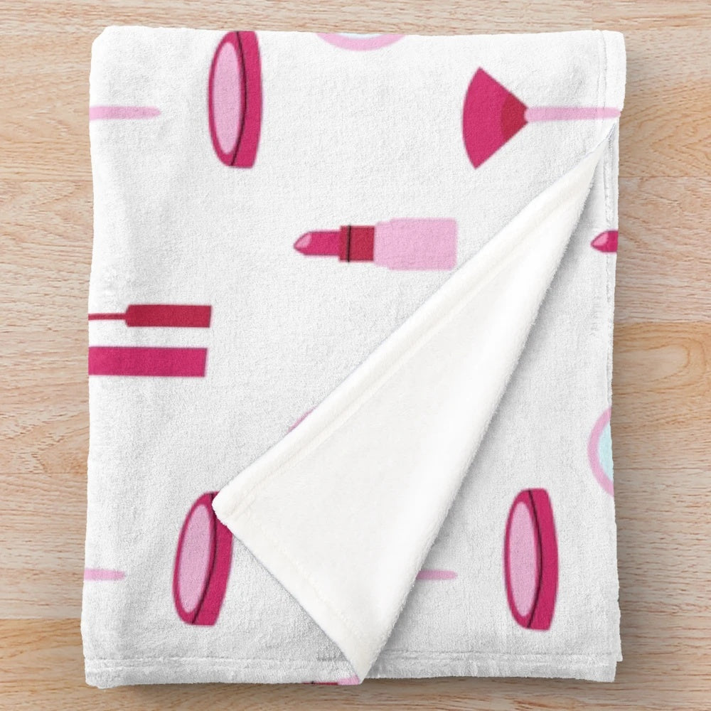 Soft and cozy pink plush blanket with makeup pattern for makeup lovers