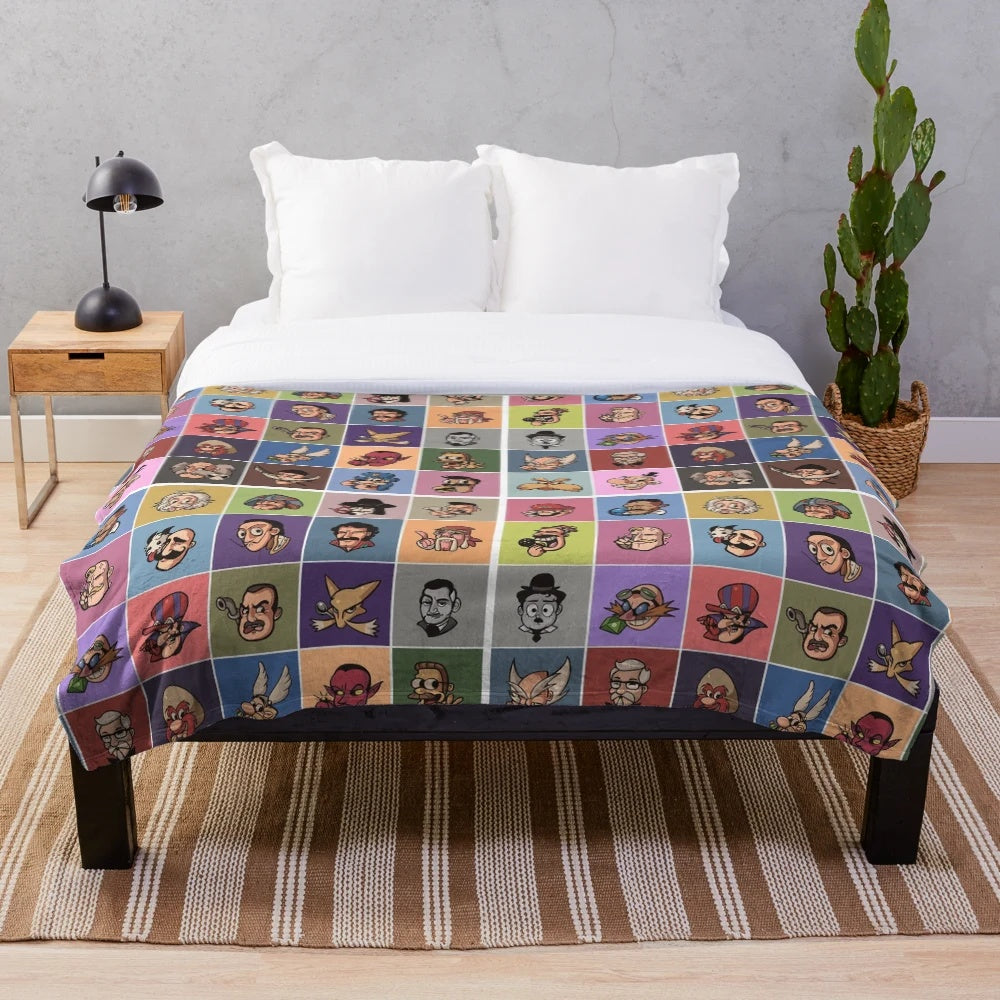 Soft and plush mustache-themed blanket with famous cartoon and media character designs