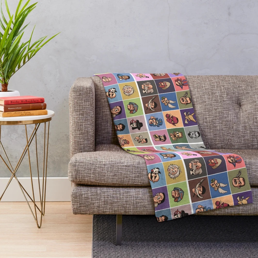 Soft and plush mustache-themed blanket with famous cartoon and media character designs