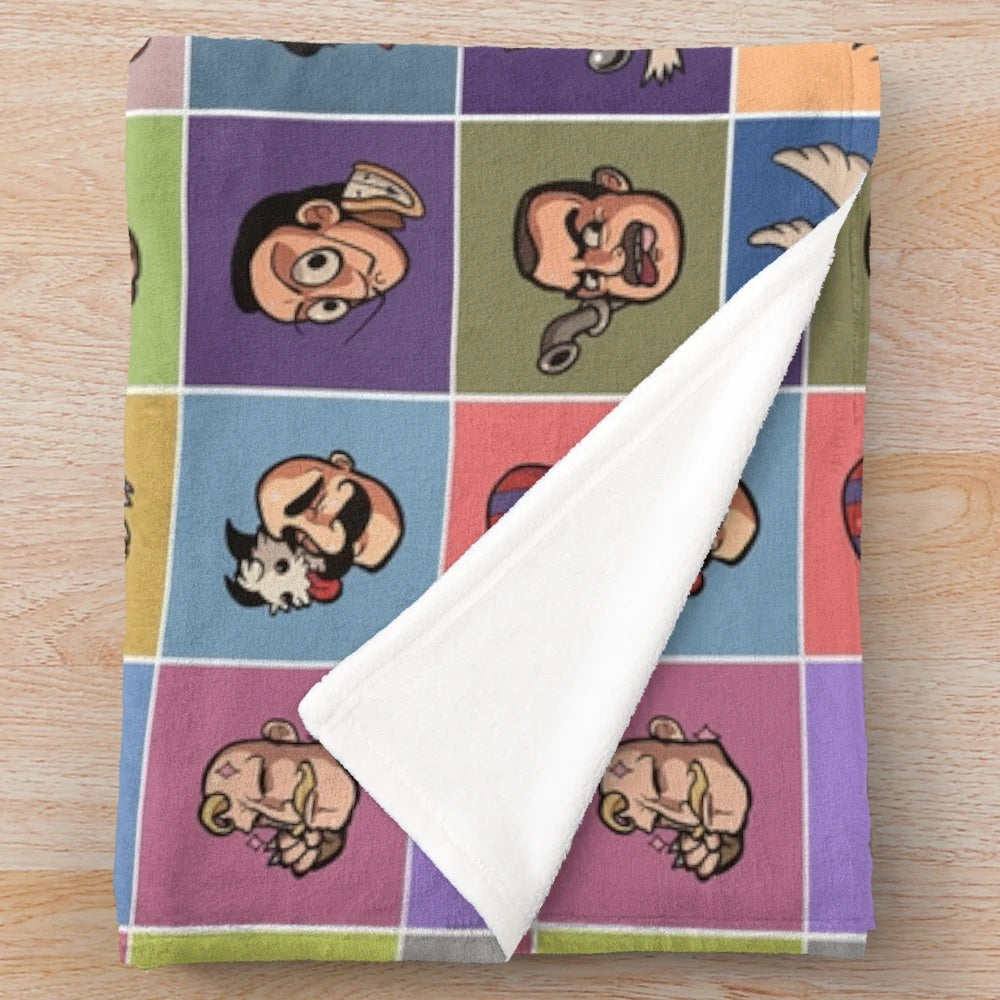 Soft and plush mustache-themed blanket with famous cartoon and media character designs