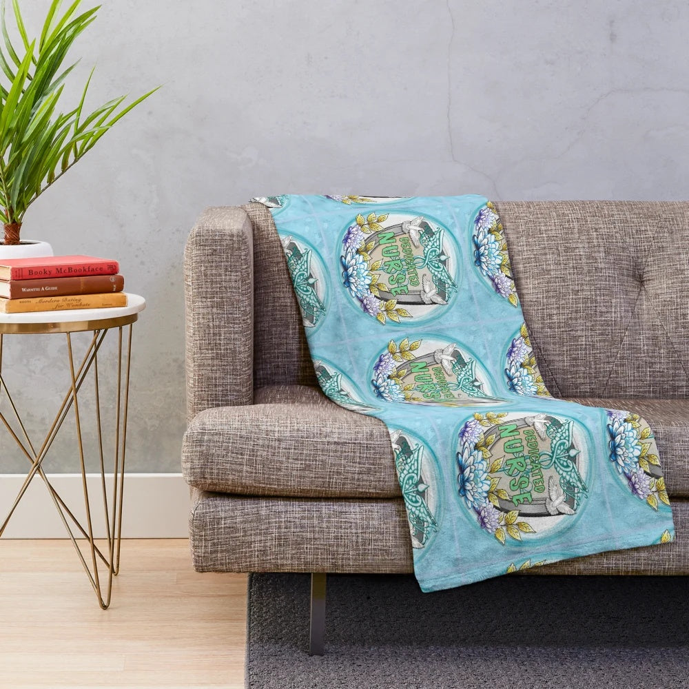 Nurse plush blanket with caduceus symbol and medical imagery