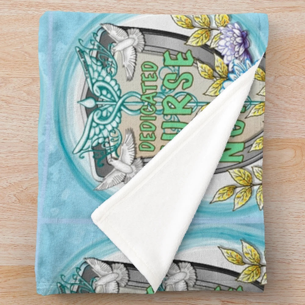 Nurse plush blanket with caduceus symbol and medical imagery