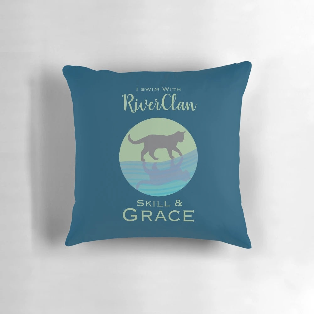 Decorative pillow with the RiverClan insignia and cat illustrations, perfect for Warrior Cats fans.