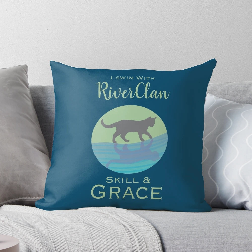 Decorative pillow with the RiverClan insignia and cat illustrations, perfect for Warrior Cats fans.