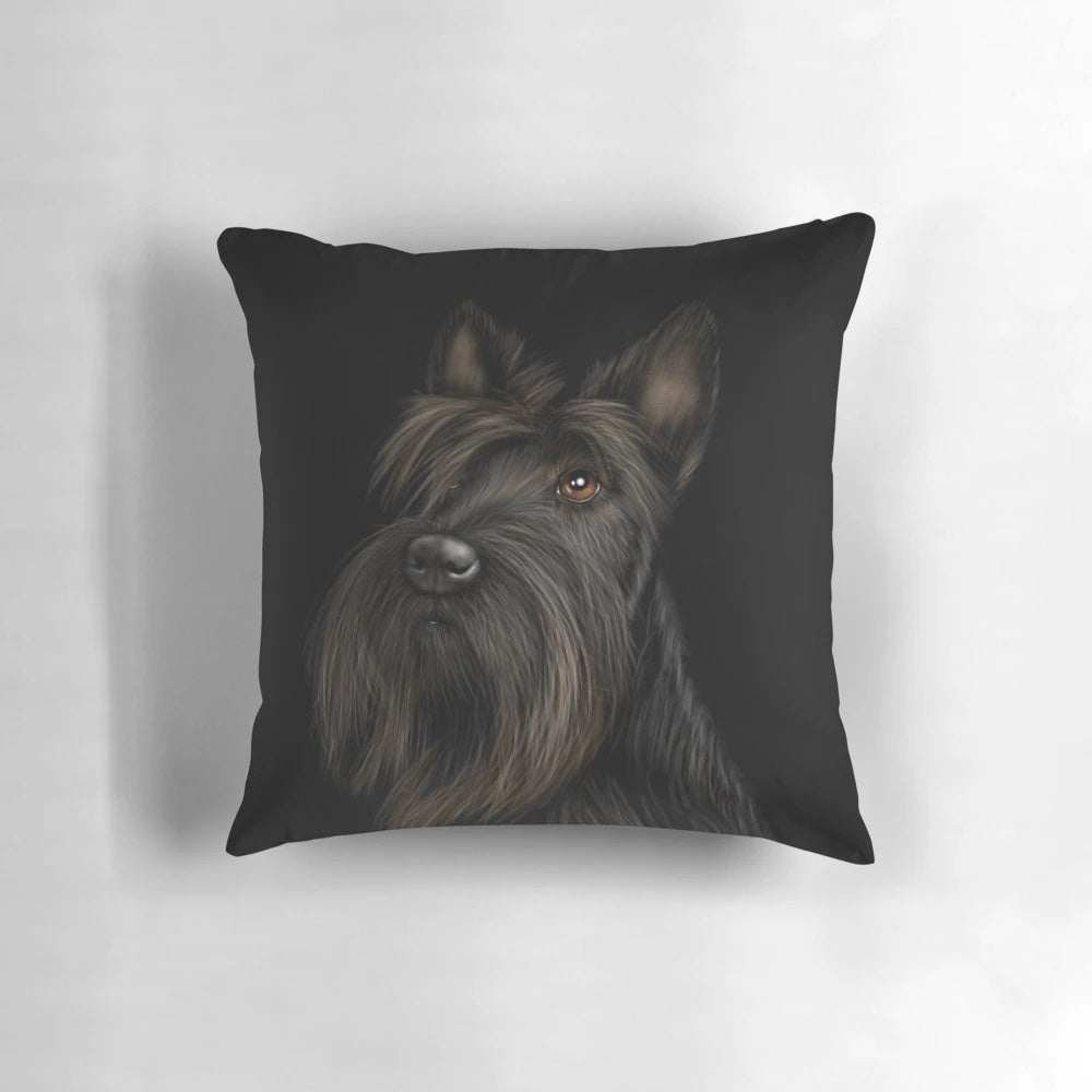 A soft and plush Scottish Terrier dog pillow in a classic black color.