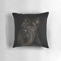 A soft and plush Scottish Terrier dog pillow in a classic black color.