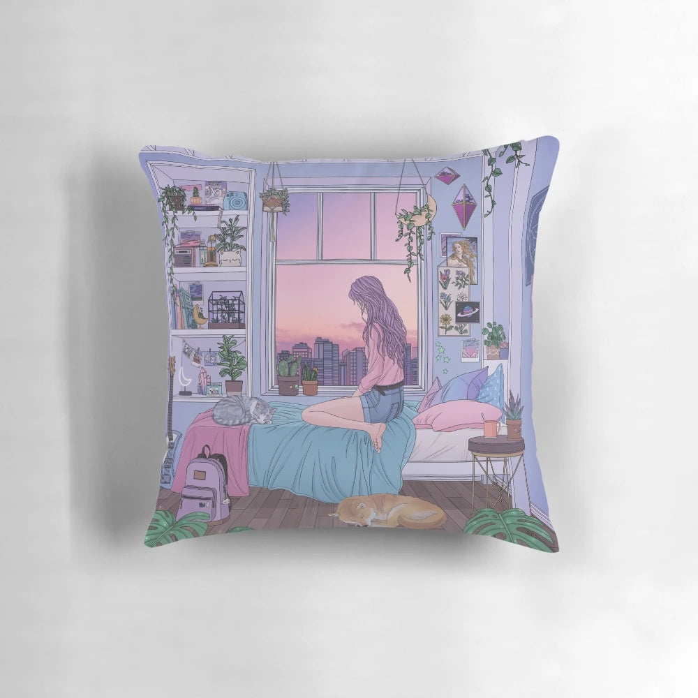 A soft, pastel-colored pillow with a cute Shiba Inu and other aesthetic elements like plants and the moon.