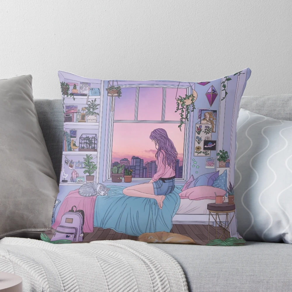 A soft, pastel-colored pillow with a cute Shiba Inu and other aesthetic elements like plants and the moon.