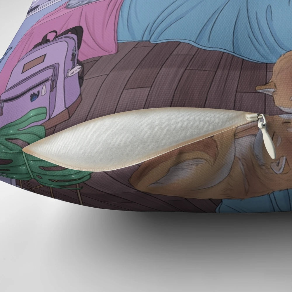 A soft, pastel-colored pillow with a cute Shiba Inu and other aesthetic elements like plants and the moon.