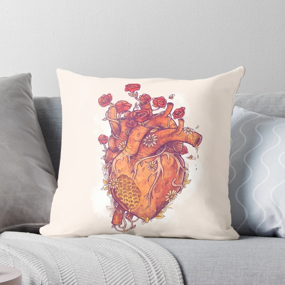 Soft and plush sweet heart pillow with a beautiful floral and honeycomb design, perfect for adding a touch of romance to your home decor.