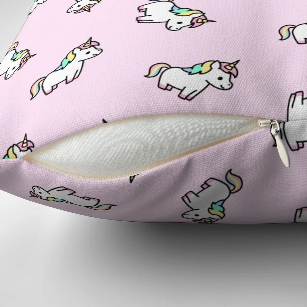 Soft and plush unicorn pillow in pastel rainbow colors, perfect for children's bedroom decor.