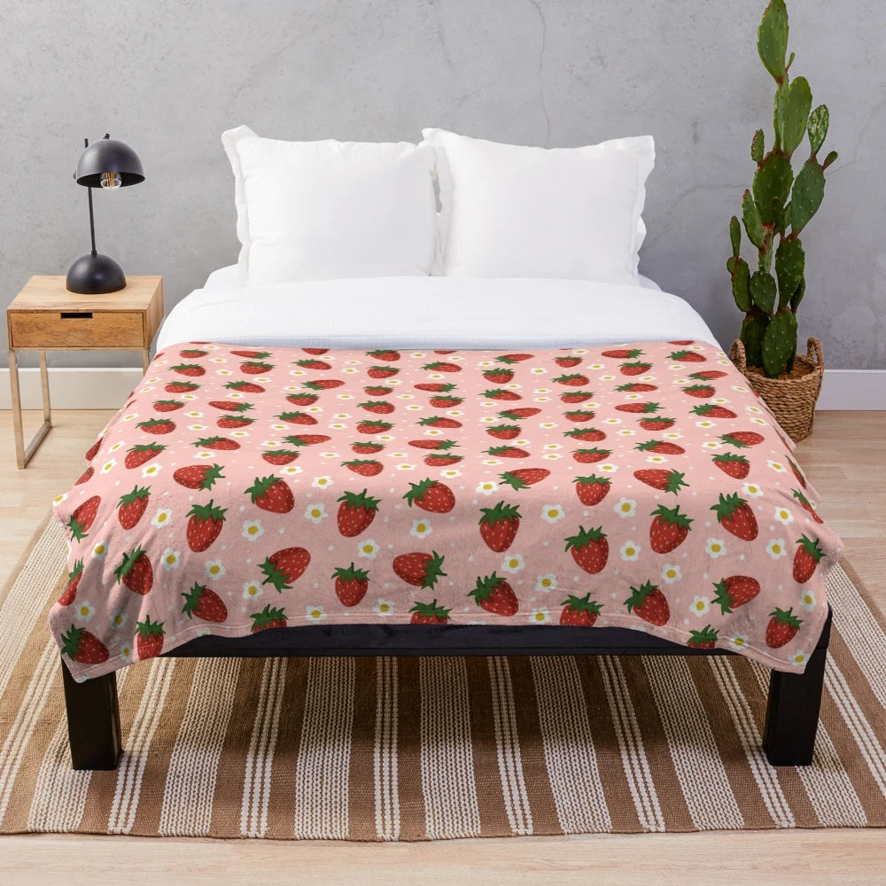 Plush strawberry and flower pattern VSCO-inspired blanket