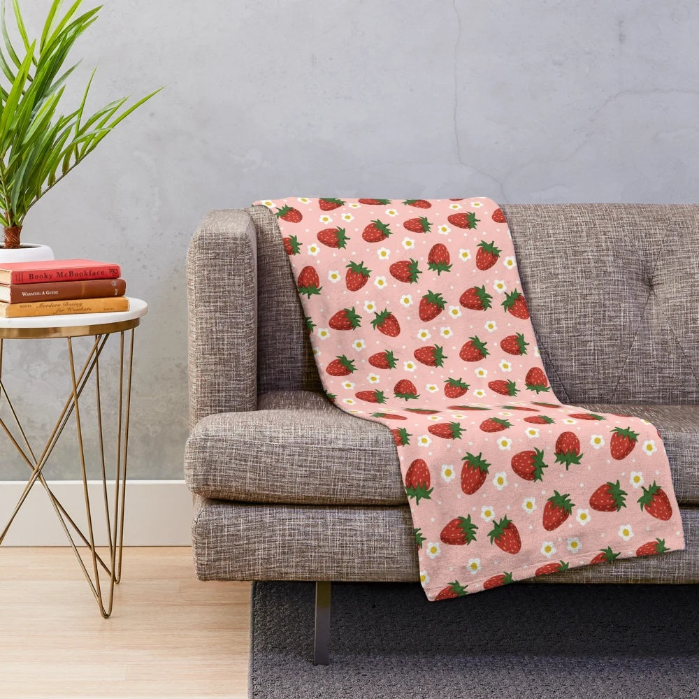Plush strawberry and flower pattern VSCO-inspired blanket