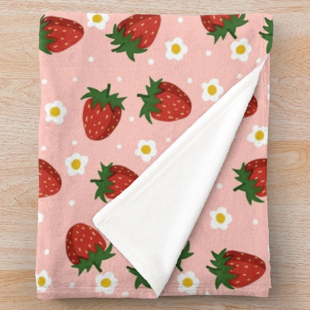 Plush strawberry and flower pattern VSCO-inspired blanket
