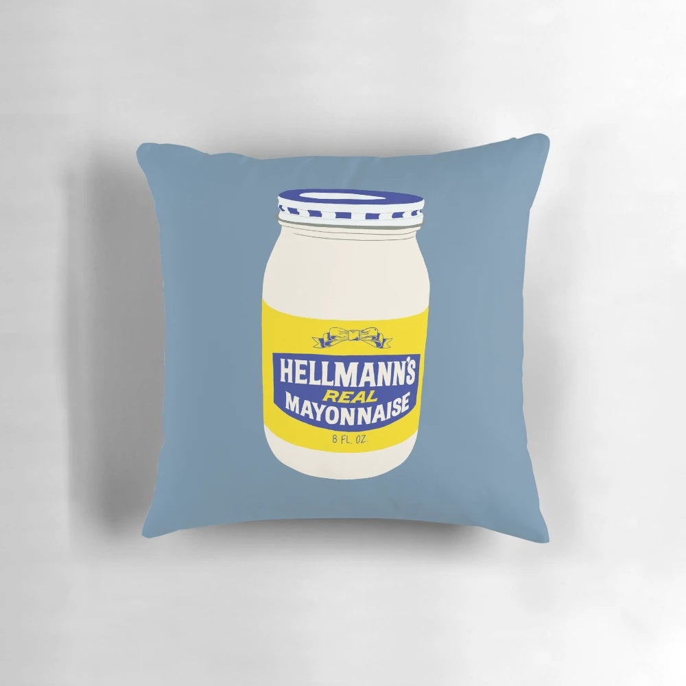 Plush mayo-themed throw pillow for cozy comfort