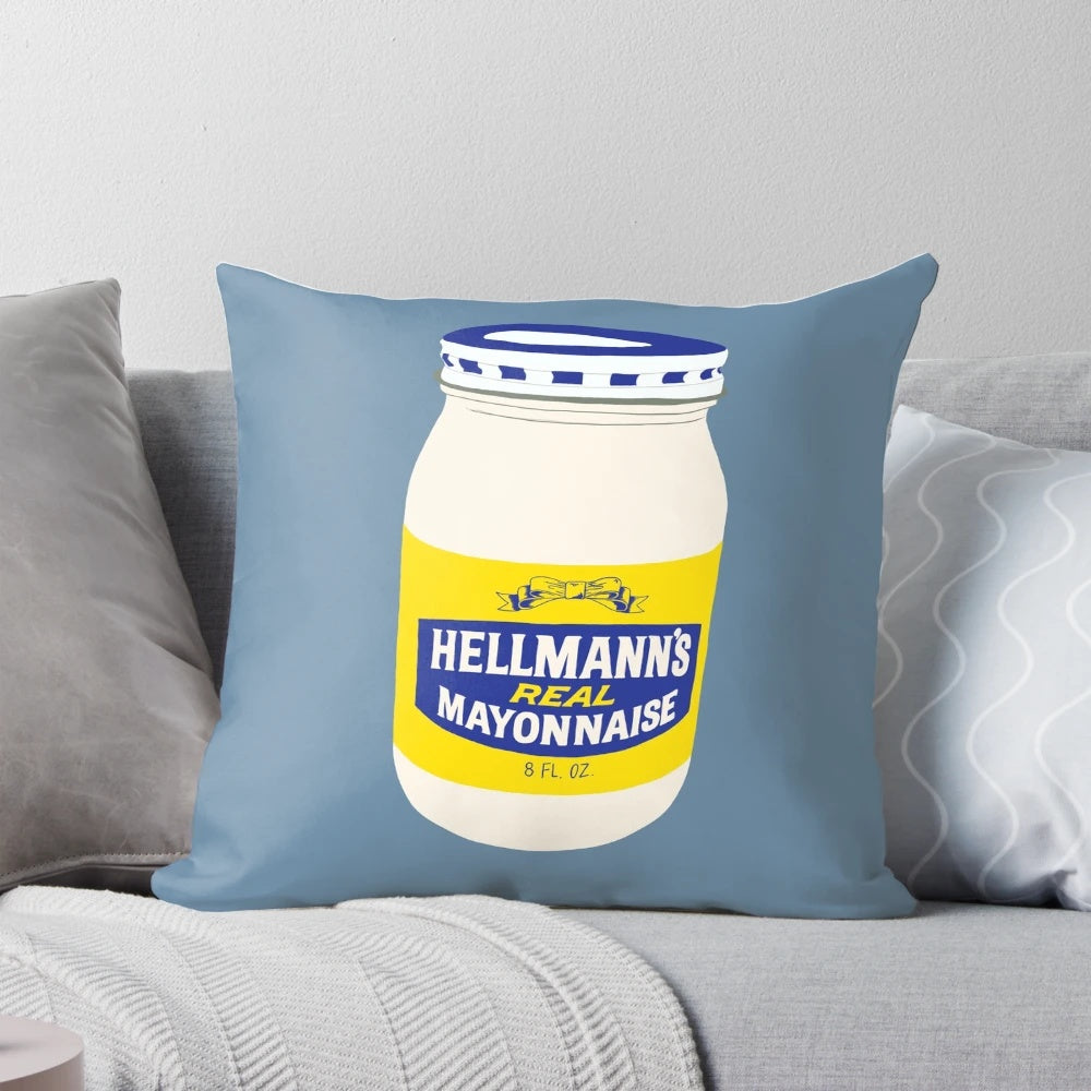 Plush mayo-themed throw pillow for cozy comfort