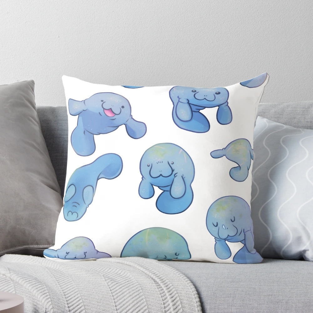 Soft and plush manatee-shaped pillow in blue and gray colors