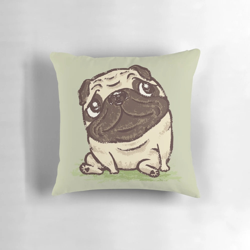 A soft and plush pillow featuring a cute and relaxing pug character, perfect for home decor and snuggling.