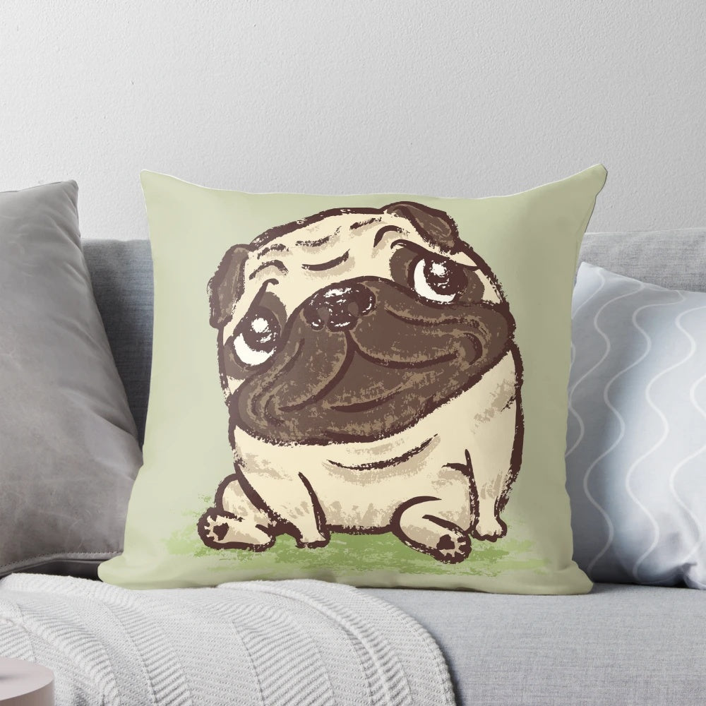 A soft and plush pillow featuring a cute and relaxing pug character, perfect for home decor and snuggling.