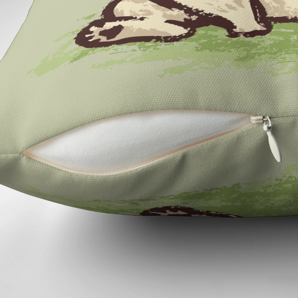 A soft and plush pillow featuring a cute and relaxing pug character, perfect for home decor and snuggling.