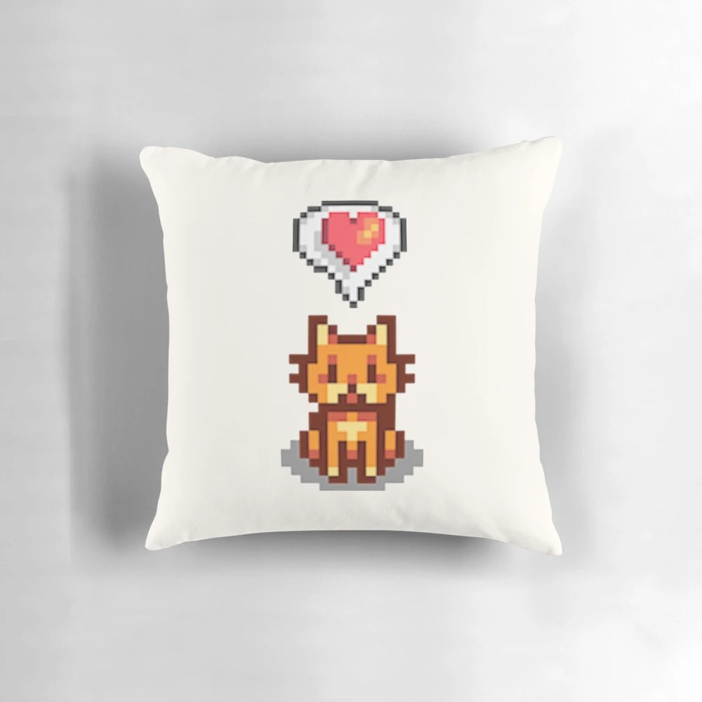 A cozy, plush pillow featuring a happy, orange tabby cat design inspired by the popular video game Stardew Valley.