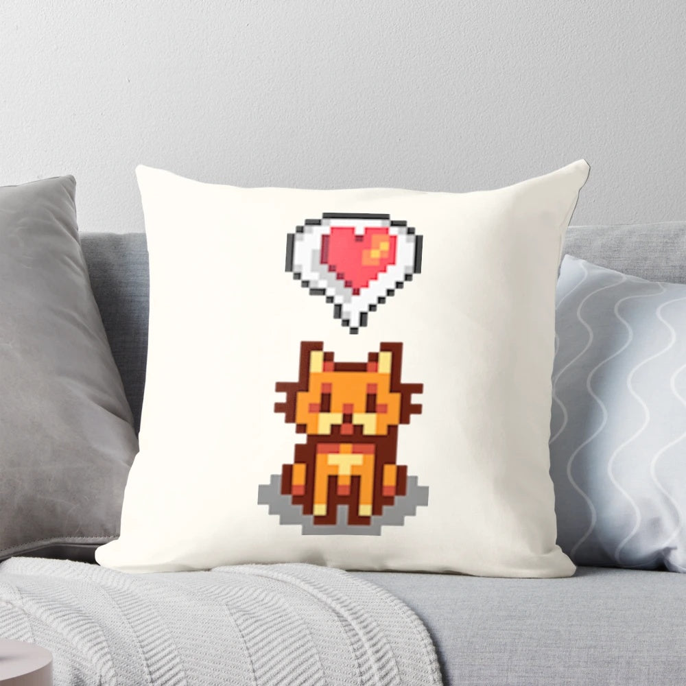 A cozy, plush pillow featuring a happy, orange tabby cat design inspired by the popular video game Stardew Valley.