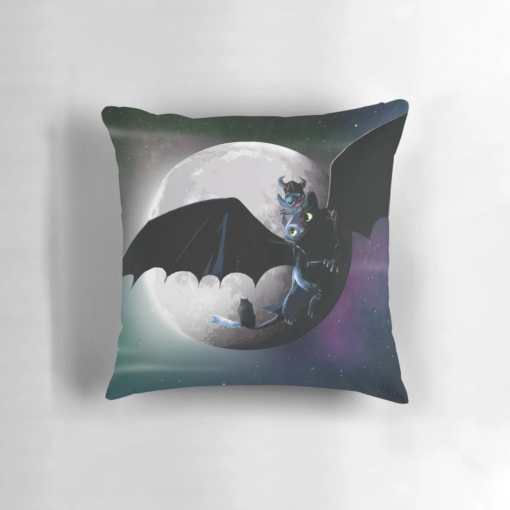 Cozy decorative cartoon character pillow featuring Stitch and Toothless from Dreamworks animation