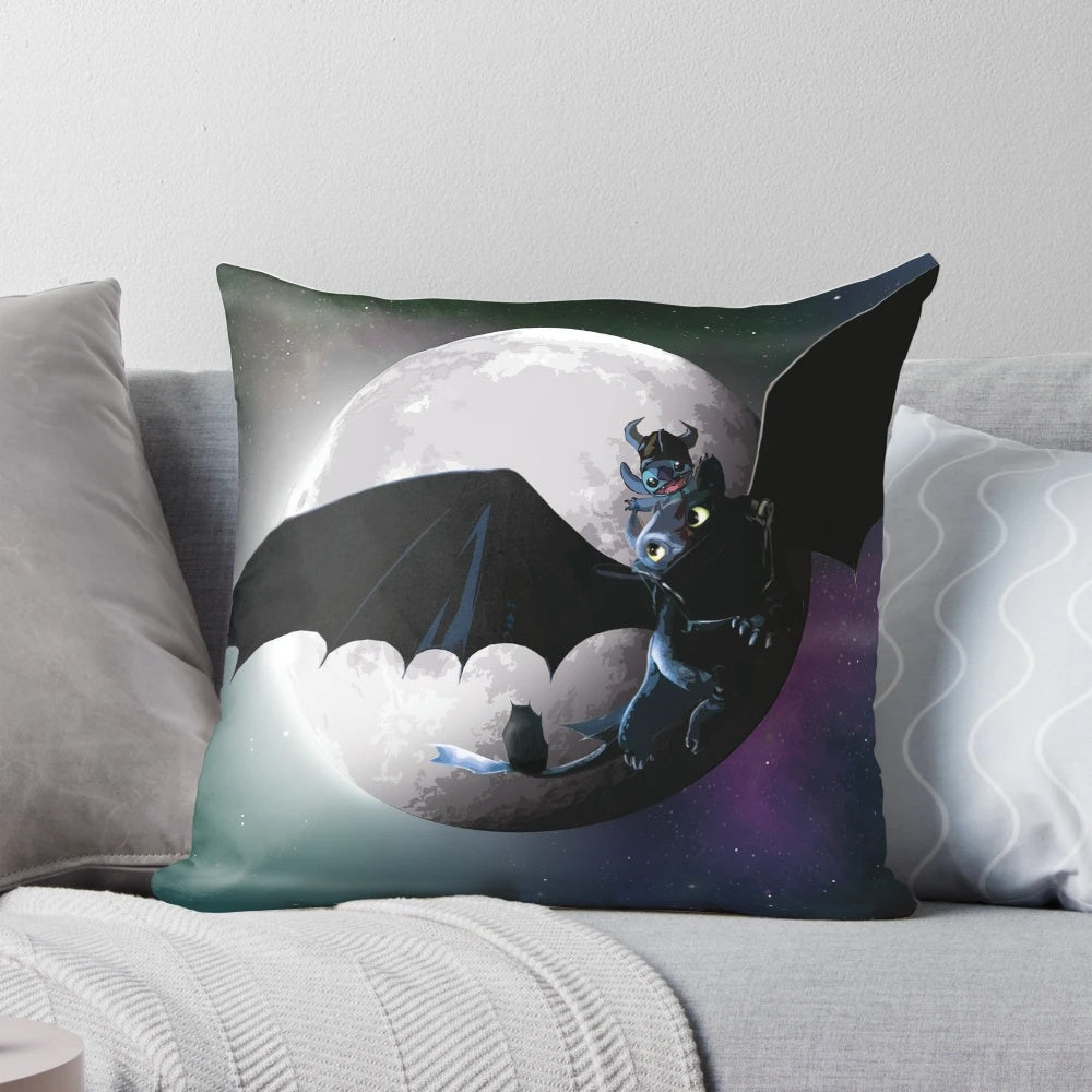 Cozy decorative cartoon character pillow featuring Stitch and Toothless from Dreamworks animation
