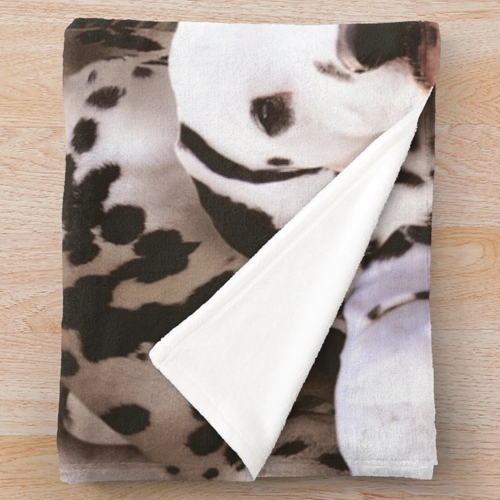 Dalmatian-inspired plush blanket with black and white spotted dog design