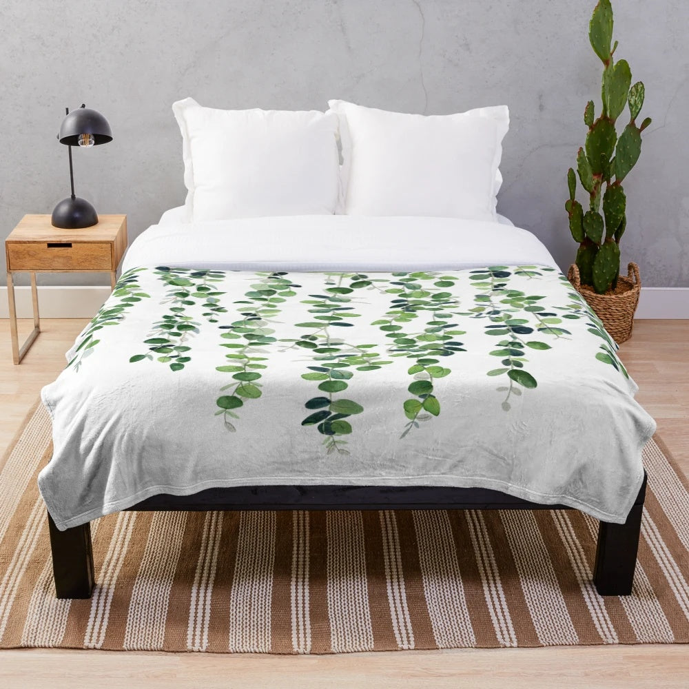 Soft, plush eucalyptus garland patterned blanket