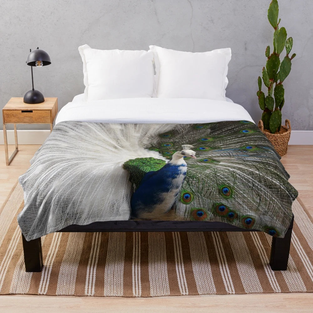 Soft and cozy plush blanket with a beautiful blue and white peacock feather print design