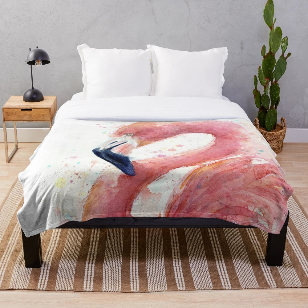 Flamingo watercolor plush blanket for home decor