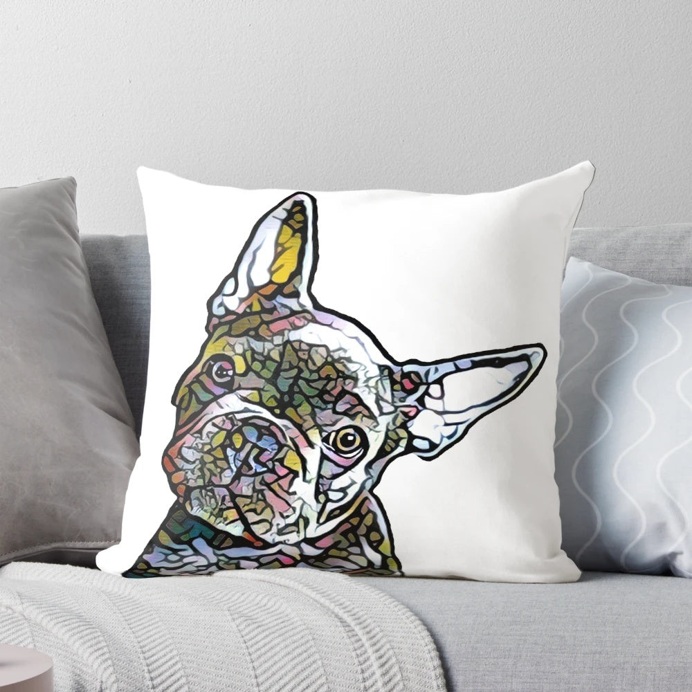 A soft, plush French Bulldog pillow perfect for dog lovers and pet owners.