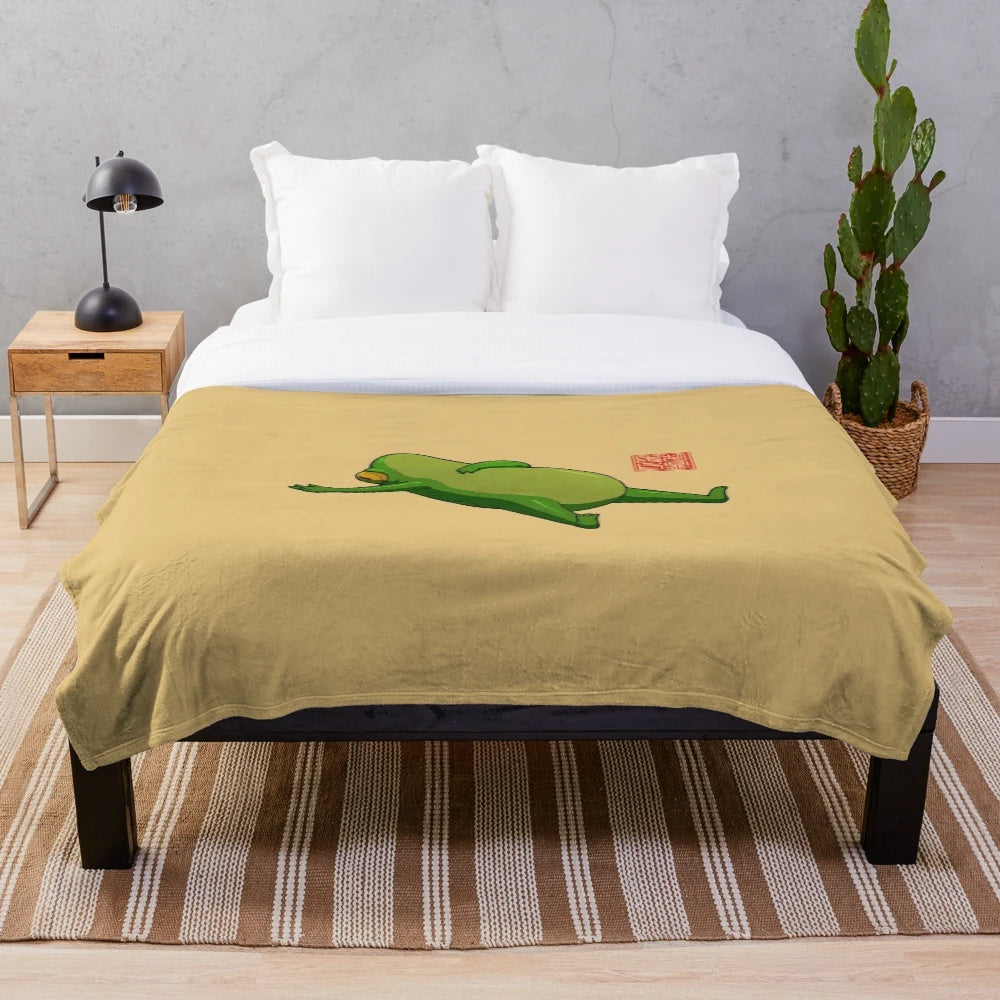 Soft and cozy plush blanket with a cute frog design, perfect for yoga, meditation, and relaxation.